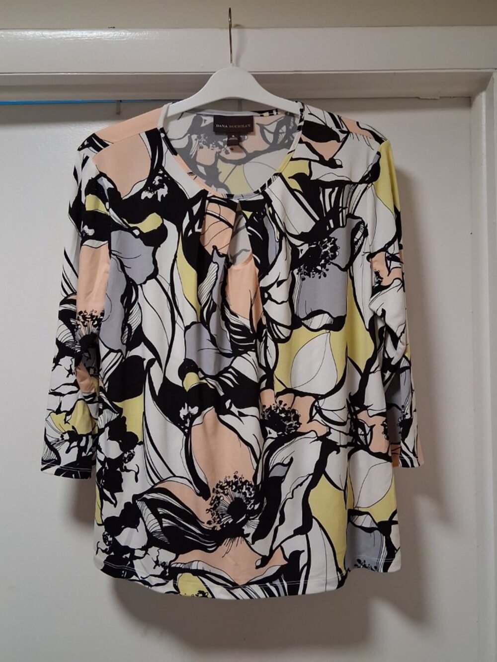 Dana Buchman Blouse Top 3/4 Sleeve Floral Keyhole Neck sz XL  /B8